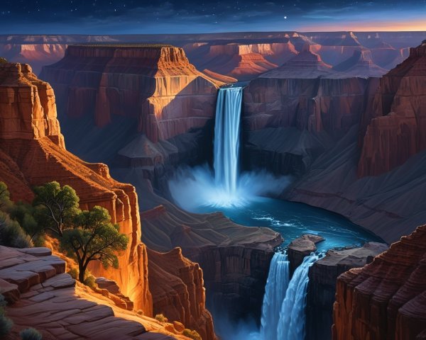 Canyon Landscape with Waterfall and Twilight Sky