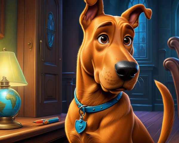 Animated dog in cozy room with warm atmosphere