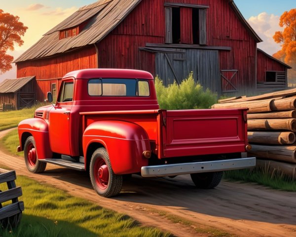 Vintage Red Truck Near Rustic Barn in Countryside