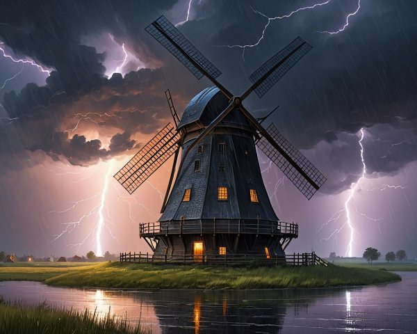 Rustic Windmill in Stormy Landscape with Lightning