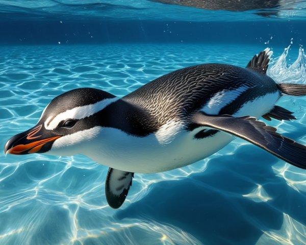 Black and white penguin swimming in clear blue water