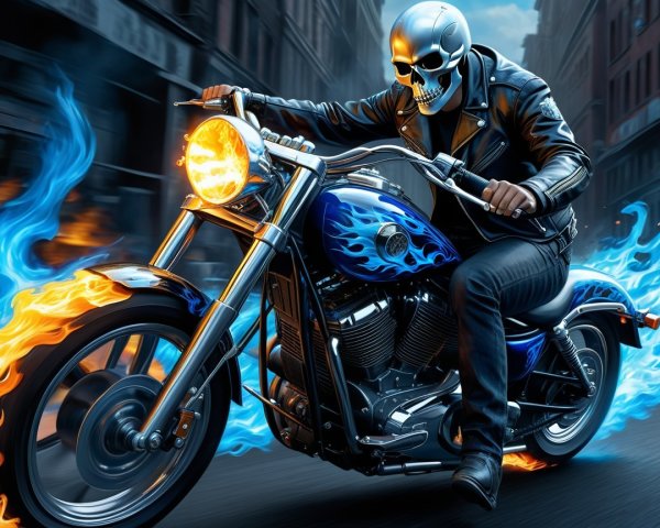 Fiery Motorcycle Rider in Gritty Urban Landscape