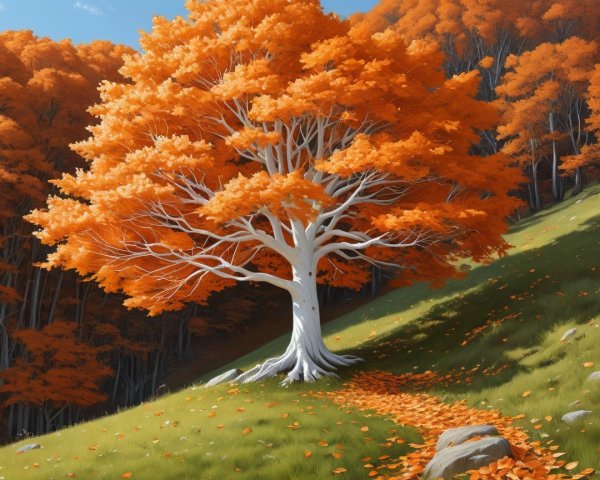 White Tree with Orange Leaves on Grassy Hill in Autumn