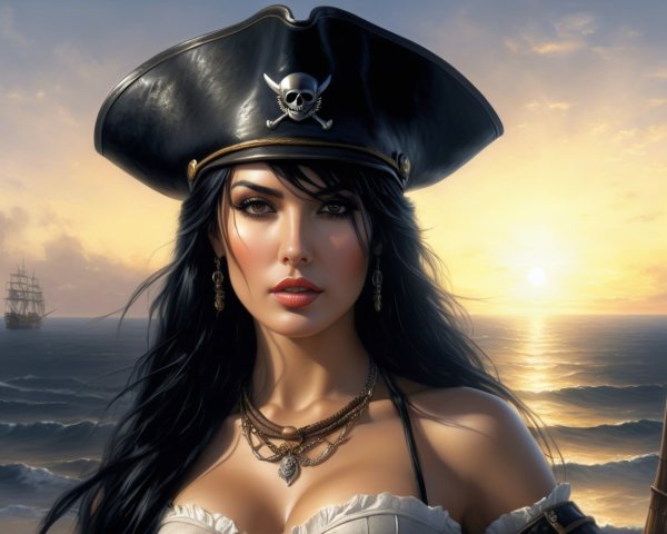 Fierce Pirate Woman Against Sunset with Ship in Distance
