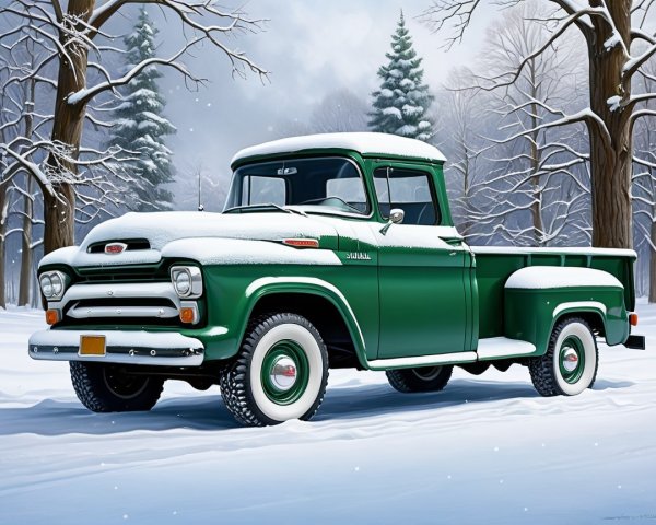 Classic Green Truck in Snowy Winter Landscape
