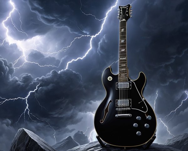Electric Guitar Against Stormy Clouds and Lightning