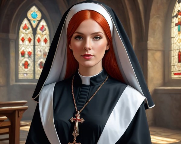Young Woman in Nun's Habit with Stained Glass Background