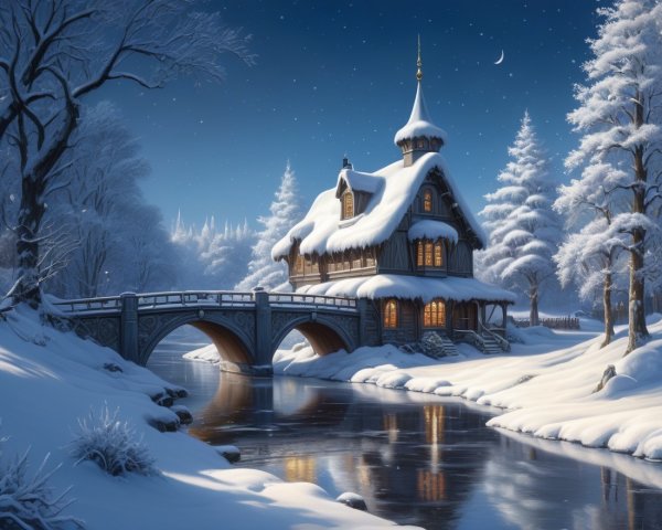 Snow-Covered House by Serene River in Winter Landscape