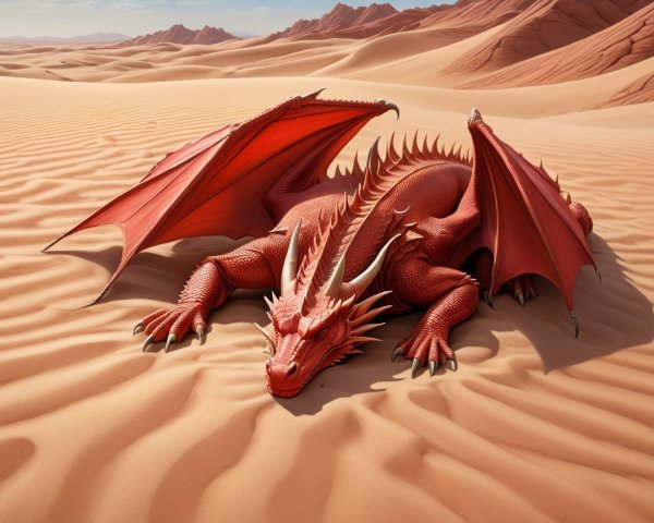 Red Dragon in Desert Landscape with Mountains