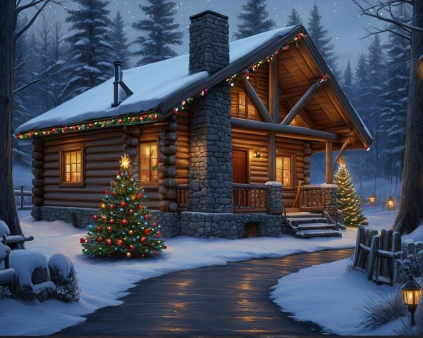 Log Cabin in Snowy Landscape with Christmas Lights