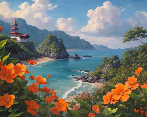 Serene Coastal Landscape with Vibrant Blossoms and Mountains