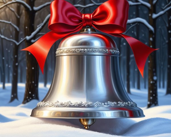 Silver Christmas Bell on Snowy Winter Day
