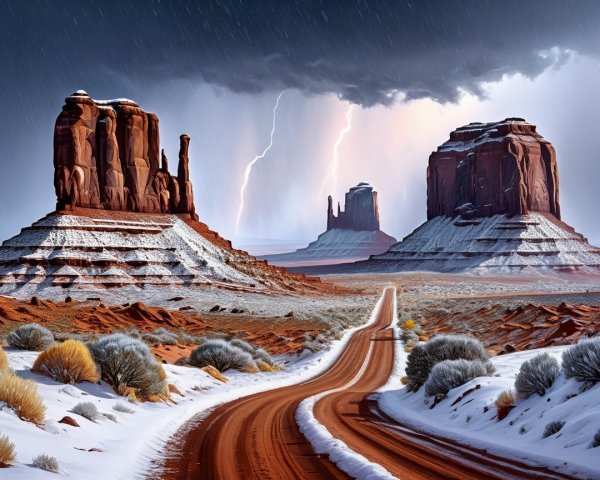 Dramatic Desert Landscape with Red Rocks and Lightning