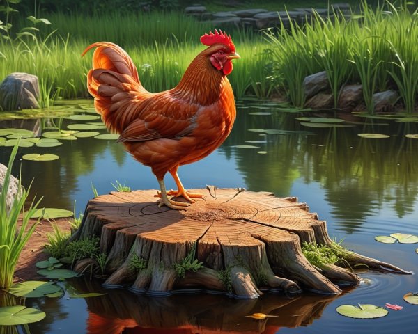 Vibrant Orange Rooster on Tree Stump by Tranquil Pond