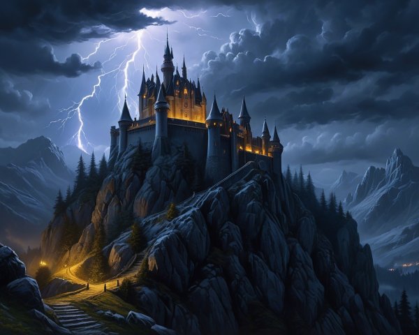 Castle on a Cliff Under Stormy Sky with Lightning