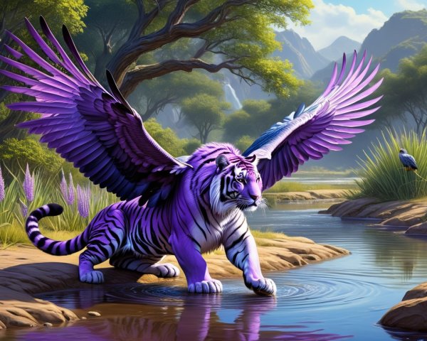 Purple-Striped Tiger with Wings in Serene Landscape