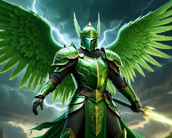 Armored warrior with green wings and glowing sword