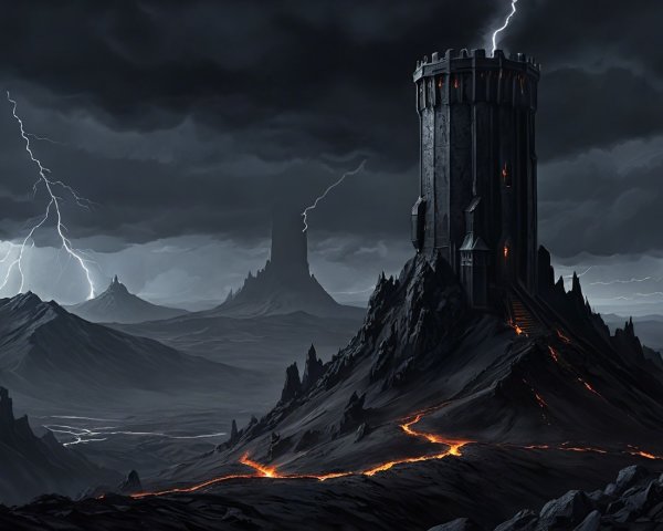 Foreboding tower in a dark, volcanic landscape