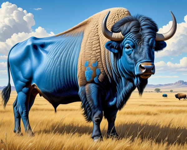 Blue Bull on Golden Plain with Grazing Bison