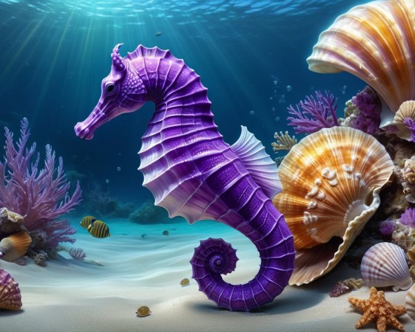 Vibrant Underwater Scene with Purple Seahorse and Coral