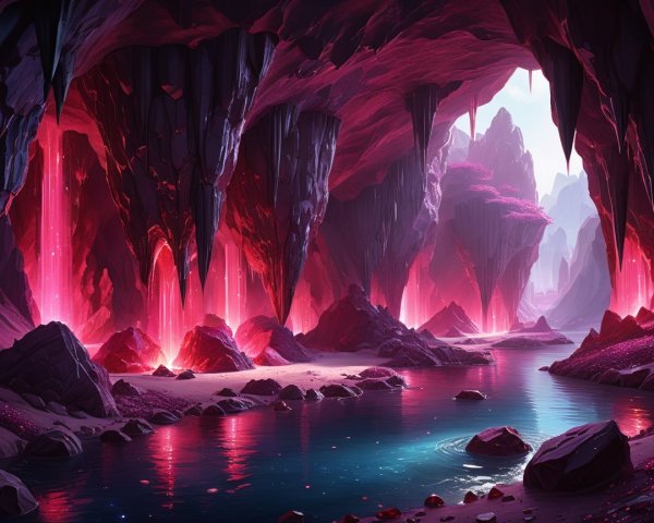 Fantastical Cave with Stalactites and Glowing Trees