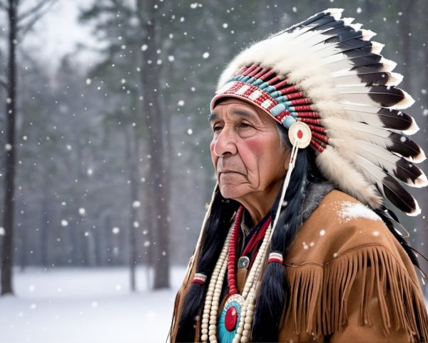 Close-up of an old Native American man in winter setting
