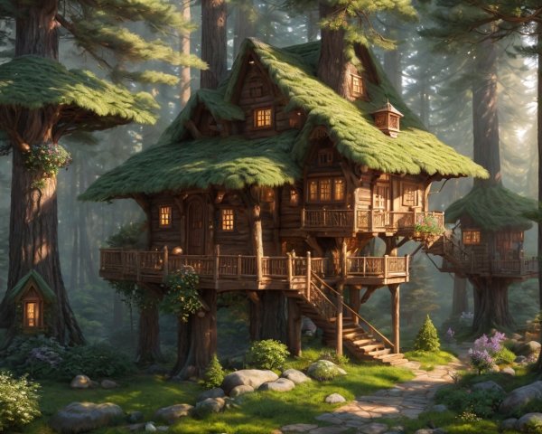 Whimsical Treehouse Surrounded by Lush Greenery