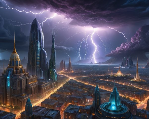Futuristic Cityscape with Stormy Sky and Lightning