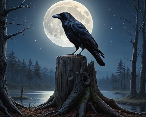 Raven on Stump Under Full Moon and Starry Sky