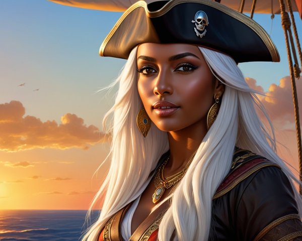 Pirate Captain on Ship at Vibrant Sunset