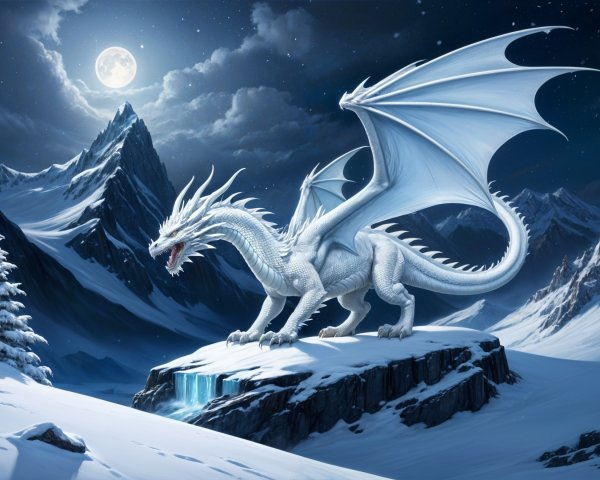 Majestic white dragon in a winter landscape scene