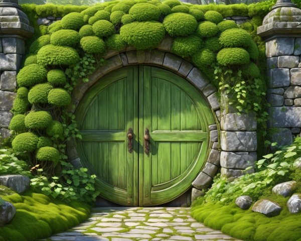 Charming Round Green Door in Lush Landscape Setting