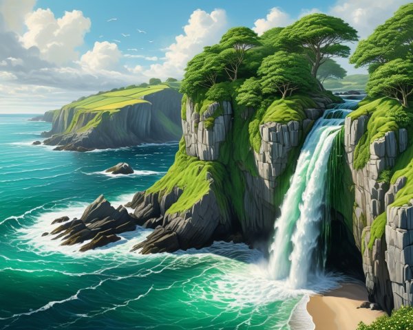Coastal Landscape with Waterfall and Turquoise Sea