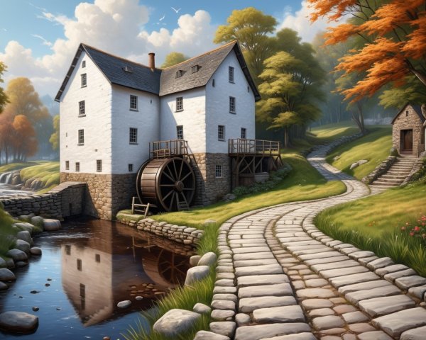 Charming Whitewashed Mill by a Flowing Stream