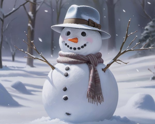 Cheerful snowman in serene winter landscape setting