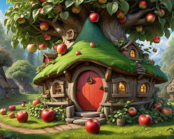 Whimsical Cottage Under a Tree with Red Apples