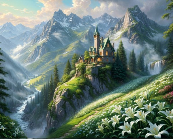 Charming Castle on a Hill with Waterfall and Flowers