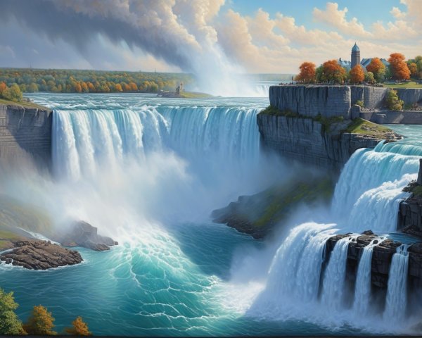 Majestic Waterfalls Surrounded by Lush Greenery and Foliage