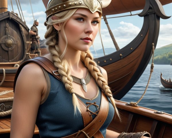 Fierce Warrior on Majestic Longship at Horizon