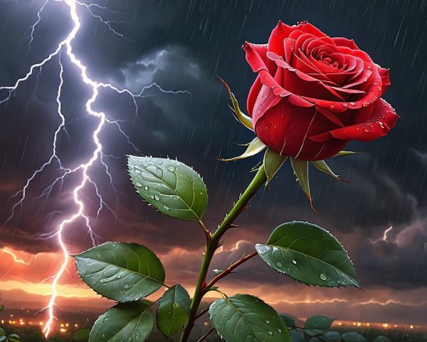 Red Rose Amidst Dark Clouds and Heavy Rain