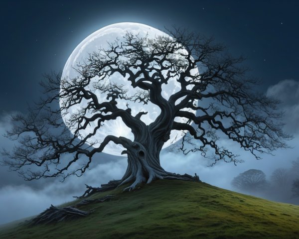 Leafless tree on hill under full moon and stars
