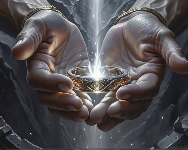 Golden Ring Cradled in Light Against Dark Background