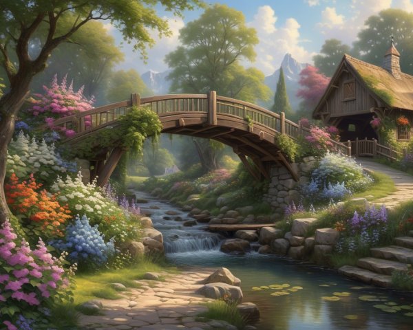 Charming Wooden Bridge Over Serene Stream Landscape