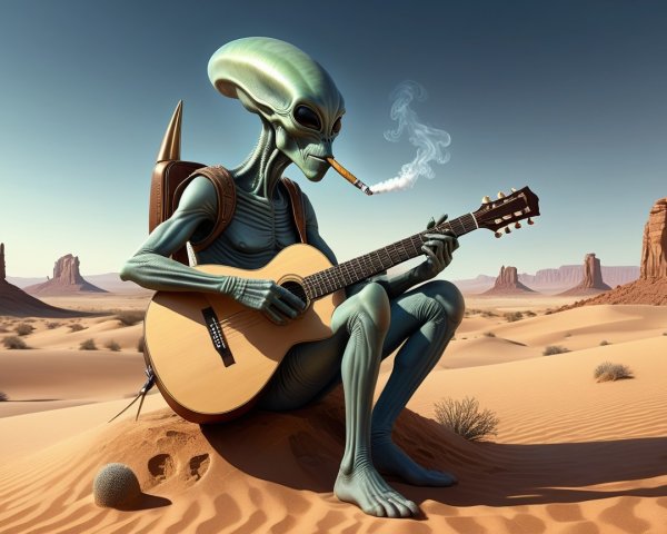 Extraterrestrial Being with Guitar in Desert Landscape