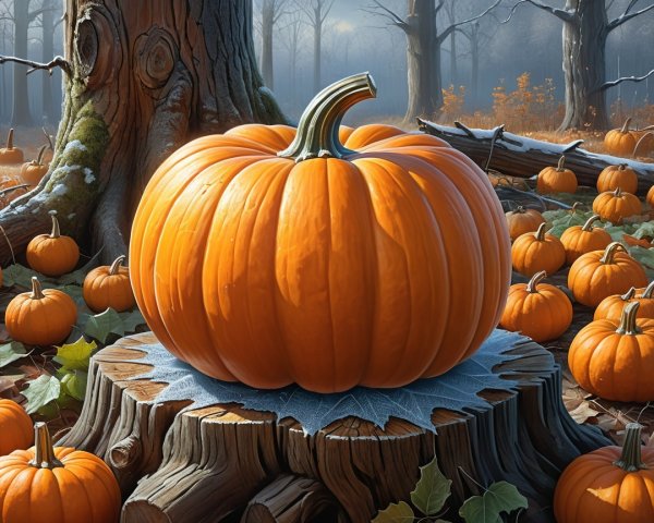 Vibrant Pumpkin on Tree Stump in Misty Forest