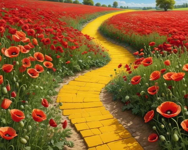 Winding Yellow Brick Road Through Red Poppy Field