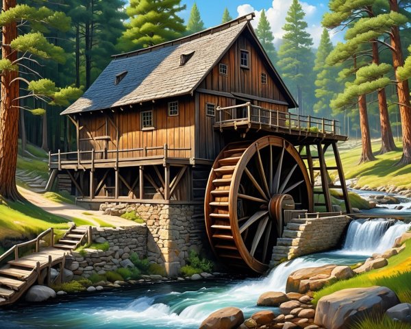 Wooden watermill beside a flowing stream in nature