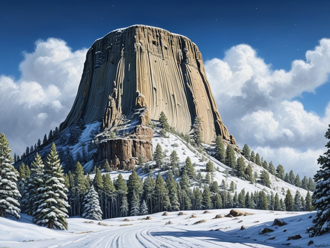 Devils Tower Surrounded by Snow and Pine Trees