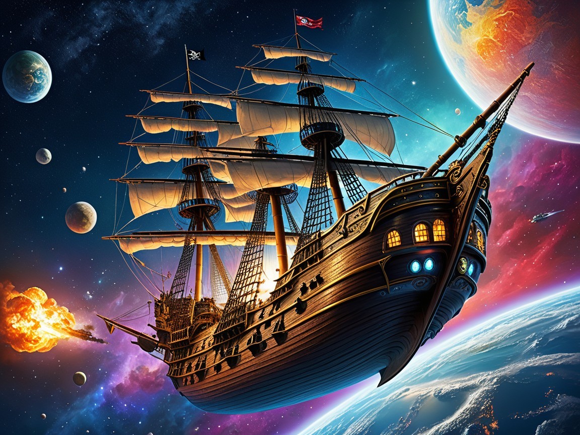 Pirate Galleon Spaceship in Nebula Starfield Scene