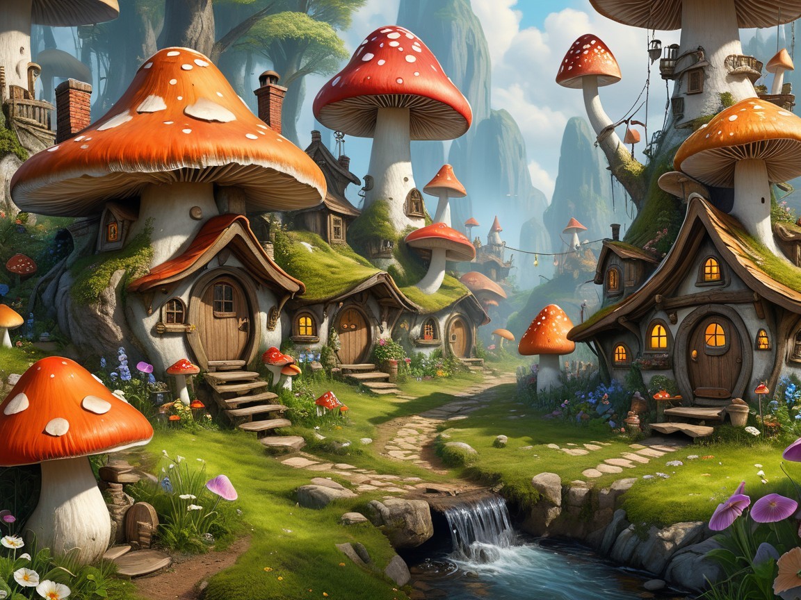 Whimsical Landscape with Mushroom-Shaped Houses